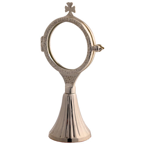 Simple brass monstrance with silver bath and grape design case, 2.6 in 3