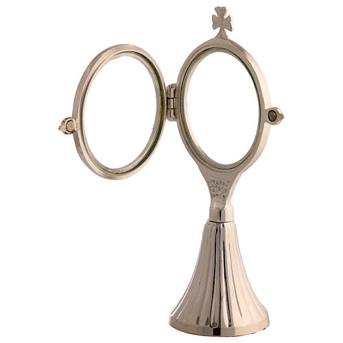 Simple brass monstrance with silver bath and grape design case, 2.6 in 5
