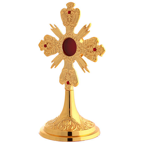 Reliquiar in Kreuzform mit Strahlenkranz aus goldfarbenem Messing – Höhe 22 cm 3