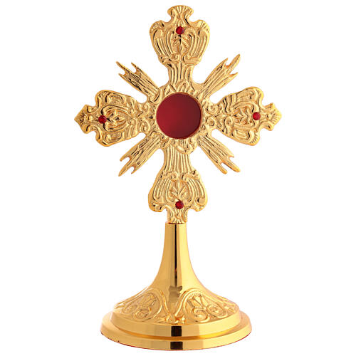 Gold plated brass reliquary, cross with radiant, 9 in 1