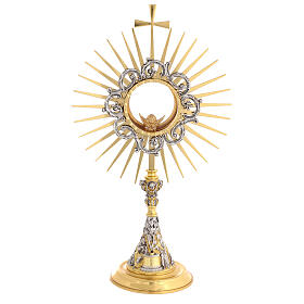 Monstrance with well image, 18 in, gold plated brass