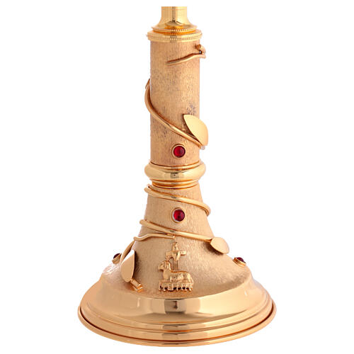 24kt gold-plated brass monstrance with olive branches, lamb, and red crystal decorations, 18 in 3