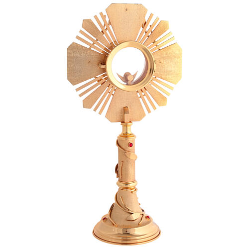Ostensorio de latón chapado en oro de 24 kt decoraciones olivo,cordero cristales rojos 45 cm 6