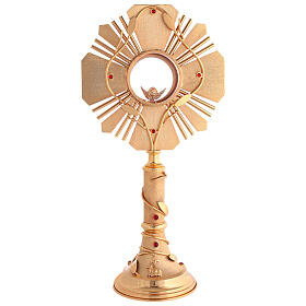 Ostensorio in ottone placcato oro 24kt decori ulivo agnello cristalli rossi 45 cm