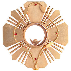 Ostensorio in ottone placcato oro 24kt decori ulivo agnello cristalli rossi 45 cm