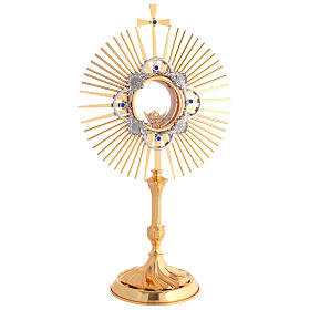 Bicolour brass monstrance, 24kt gold plated with blue crystals, 20 in