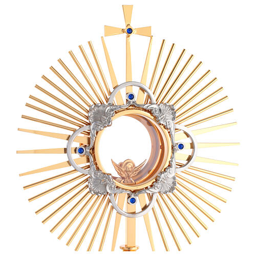 Ostensorio in ottone bicolore placcato oro 24kt con cristalli blu 50 cm 2