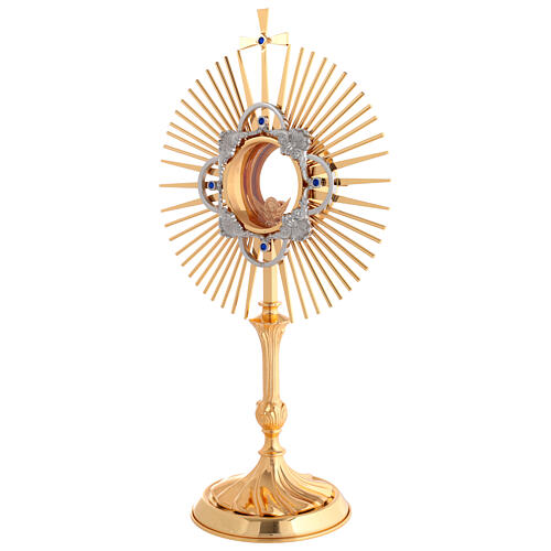 Monstrance in 24kt gold-plated bicolored brass with blue crystals, 50 cm 4
