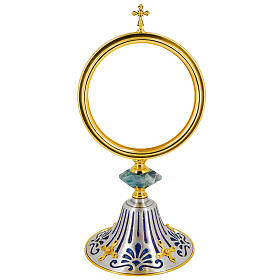 Silver-plated monstrance with blue swirls and hexagonal resin node, 14 in