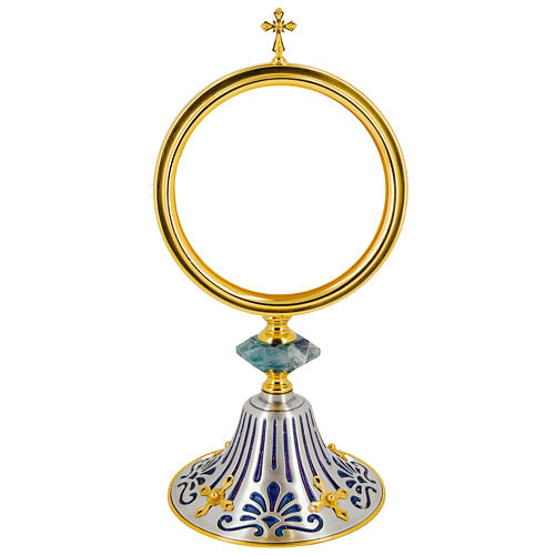 Silver-plated monstrance with blue swirls and hexagonal resin node, 14 in 1