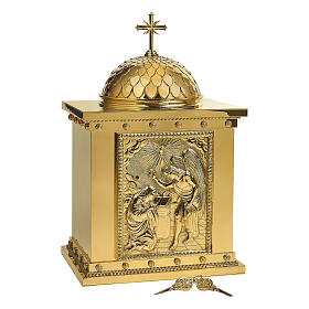 Molina tabernacle with dome and Annunciation bas-relief, 27x14x10 in, golden brass