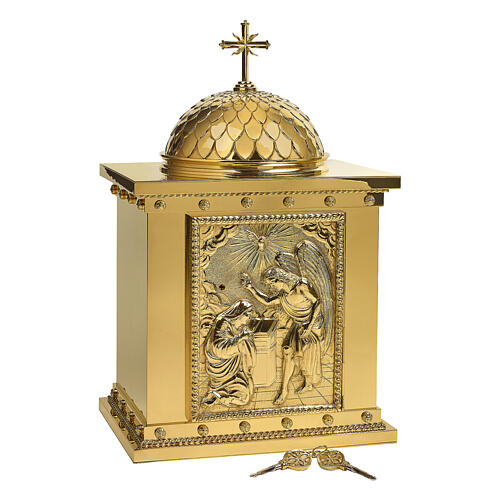 Molina tabernacle with dome and Annunciation bas-relief, 27x14x10 in, golden brass 1
