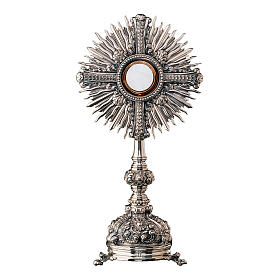 Ostensorio barocco Molina croce con raggiera e ghirigori treppiedi 55 cm ottone argentato