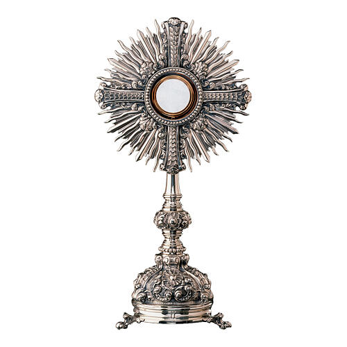 Ostensorio barocco Molina croce con raggiera e ghirigori treppiedi 55 cm ottone argentato 1