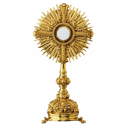 Baroque monstrance with cross, ray design, and ornate tripod, gold plated brass, 55 cm 1