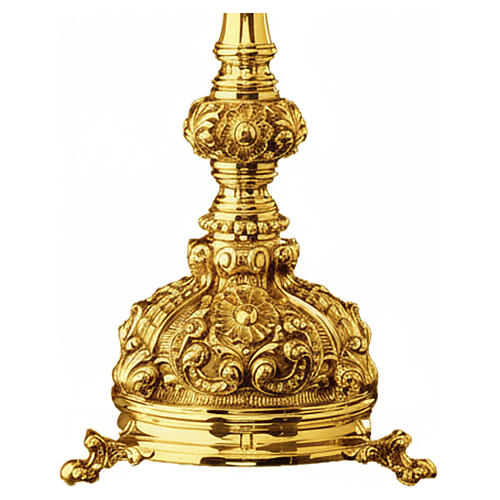 Baroque monstrance with cross, ray design, and ornate tripod, gold plated brass, 55 cm 3