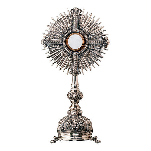 Ostensorio barroco cruz con corona de rayos y arabescos trípode latón baño oro 55 cm 1