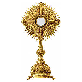 Ostensoir baroque croix avec rayonnement et arabesques trépied laiton doré 55 cm