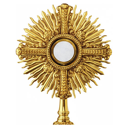 Ostensoir baroque croix avec rayonnement et arabesques trépied laiton doré 55 cm 2