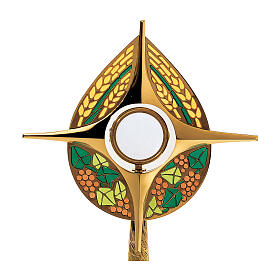 Ostensorio Molina estilo moderno motivos trigo y hojas de vid esculpidas 45 cm latón dorado