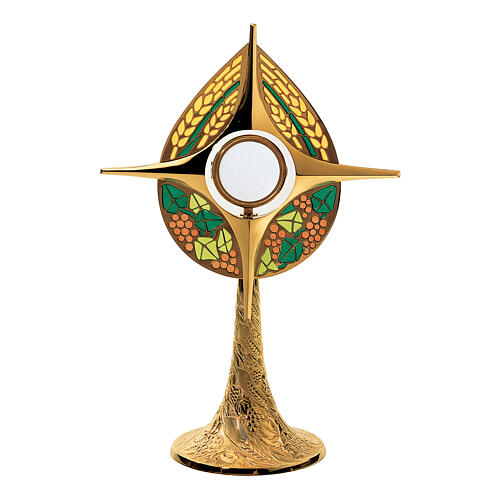 Ostensorio Molina estilo moderno motivos trigo y hojas de vid esculpidas 45 cm latón dorado 1