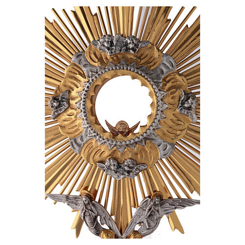 Altar Monstrance in two-tone brass with angels and red stone 71 cm 12