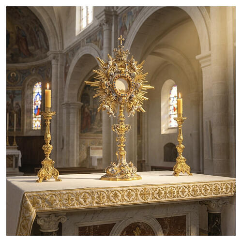 Monstrance with blue and red stones, angels and crown, 75 cm for Magna Host 2