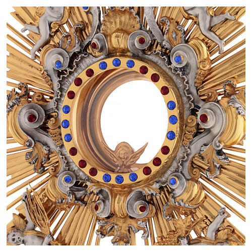 Monstrance with blue and red stones, angels and crown, 75 cm for Magna Host 4