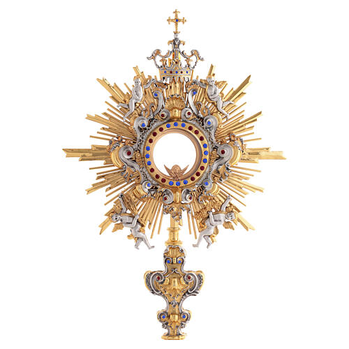 Monstrance with blue and red stones, angels and crown, 75 cm for Magna Host 5