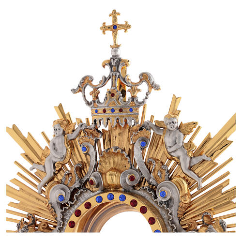Monstrance with blue and red stones, angels and crown, 75 cm for Magna Host 8