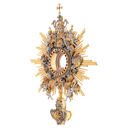 Monstrance with blue and red stones, angels and crown, 75 cm for Magna Host 9