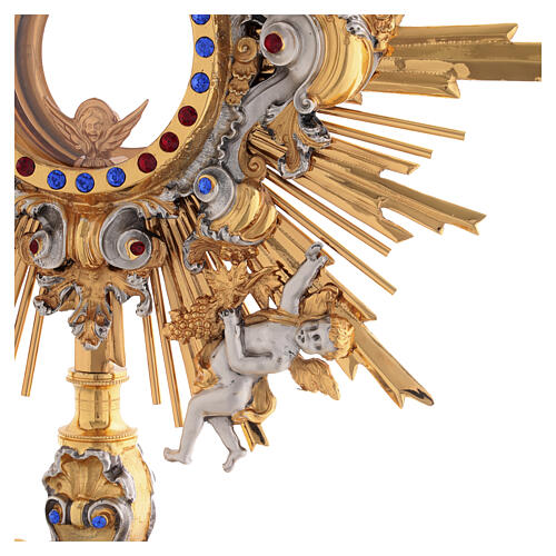 Monstrance with blue and red stones, angels and crown, 75 cm for Magna Host 10