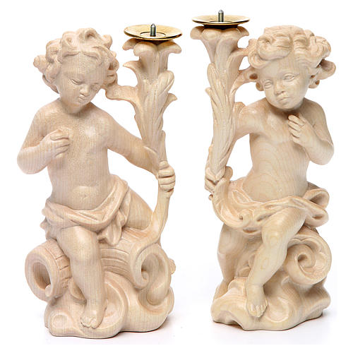 Candle holder with angels, natural wax Valgardena wood 1