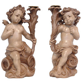 Para świeczników aniołki drewno Valgardena patynowane wielokrotnie