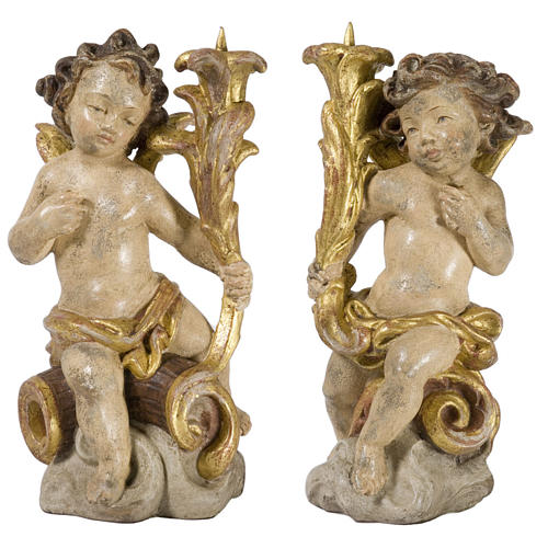 Paio angeli portacandela 25 cm legno Valgardena Old Antico Gold 1
