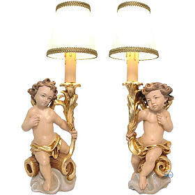 Paar von Kerzenhalter-Engeln aus Holz vom Grődnertal mit Licht