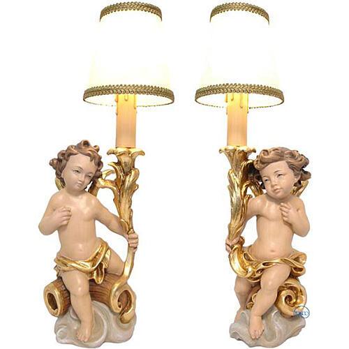 Paar von Kerzenhalter-Engeln aus Holz vom Grődnertal mit Licht 1