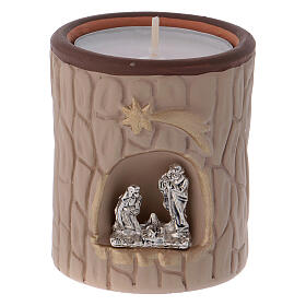 Cylindrical beige candle holder with Nativity terracotta of Deruta
