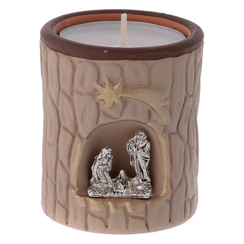 Cylindrical beige candle holder with Nativity terracotta of Deruta 1
