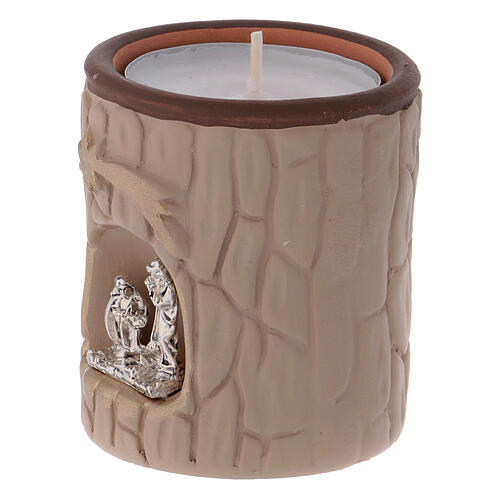 Cylindrical beige candle holder with Nativity terracotta of Deruta 2