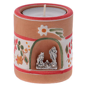 Cylindrical red country candle holder with Nativity terracotta of Deruta