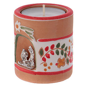 Cylindrical red country candle holder with Nativity terracotta of Deruta