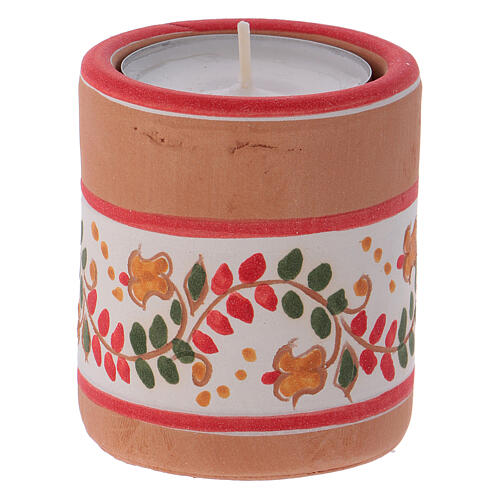 Cylindrical red country candle holder with Nativity terracotta of Deruta 3