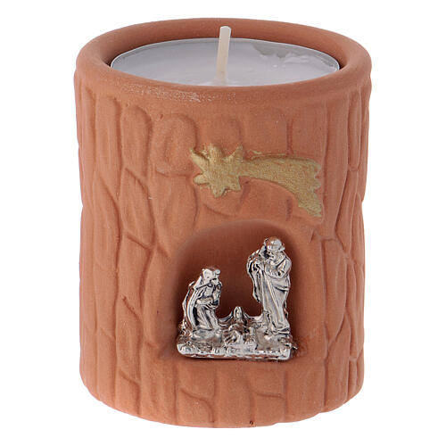 Natural terracotta colored cylindrical tealight holder with Deruta Nativity 1