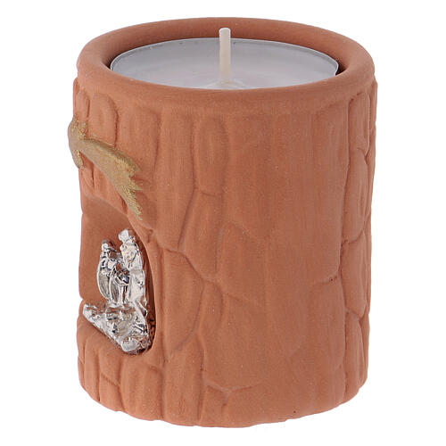 Natural terracotta colored cylindrical tealight holder with Deruta Nativity 2