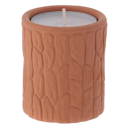 Natural terracotta colored cylindrical tealight holder with Deruta Nativity 3