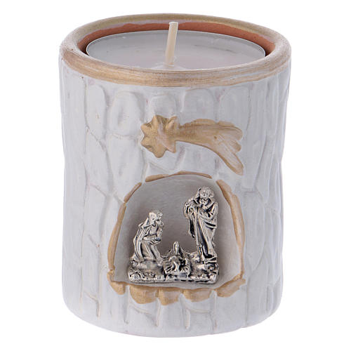 Porta-vela branco com detalhes dourados e Natividade terracota Deruta 1