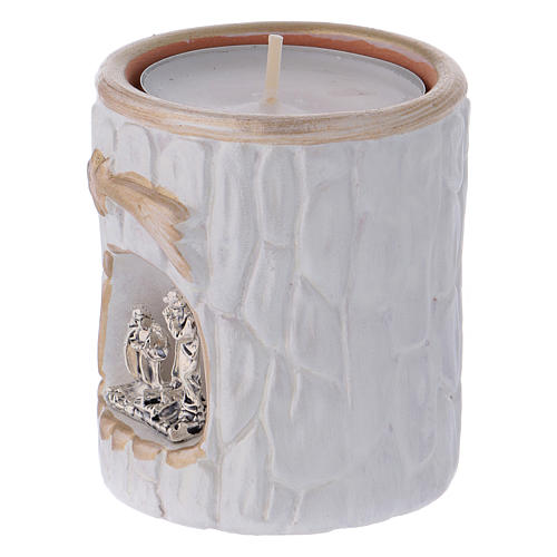Porta-vela branco com detalhes dourados e Natividade terracota Deruta 2