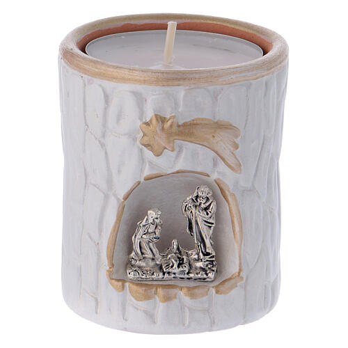 White tealight holder with gold finishes with Nativity Deruta terracotta 1
