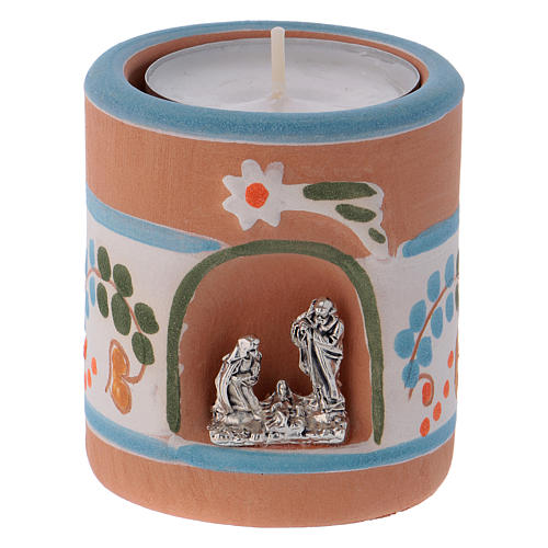 Teelicht-Leuchter Terrakotta Deruta mit heiligen Familie hellblau 1